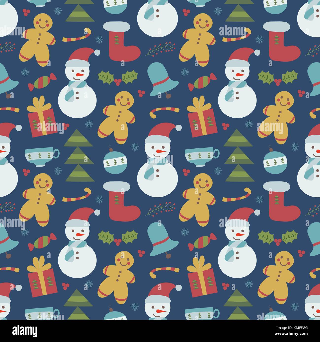 Weihnachten Muster mit traditionellen Feier Elemente in doodle Stil. kindisch Xmas nahtlose Hintergrund Mit Gingerbread Man, Tannenbaum, Schneemann, Gi Stock Vektor