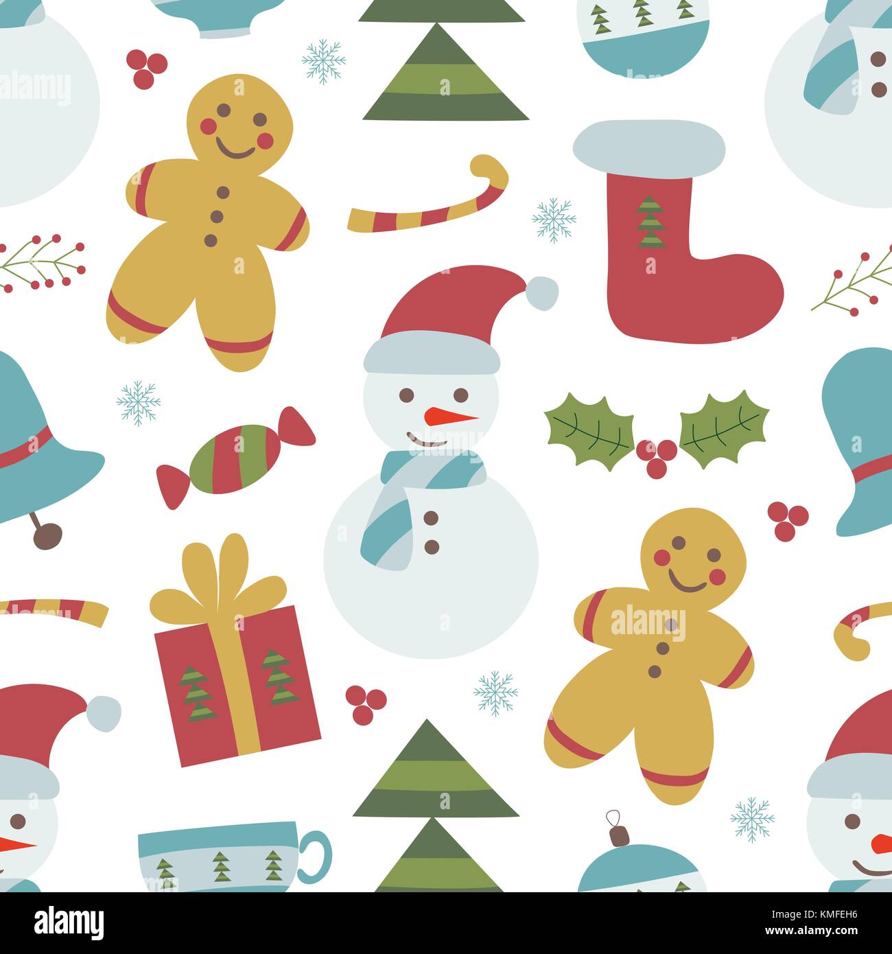 Weihnachten Muster mit traditionellen Feier Elemente in doodle Stil. kindisch Xmas nahtlose Hintergrund Mit Gingerbread Man, Tannenbaum, Schneemann, Gi Stock Vektor