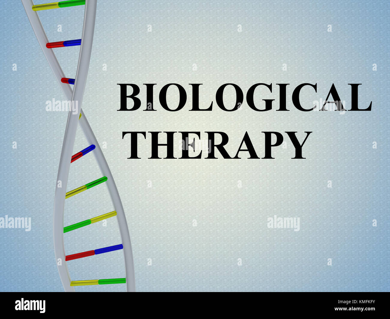 3D-Illustration des Skripts "BIOLOGISCHE THERAPIE" mit DNA-Doppelhelix, isoliert auf blassblauem Hintergrund. Stockfoto