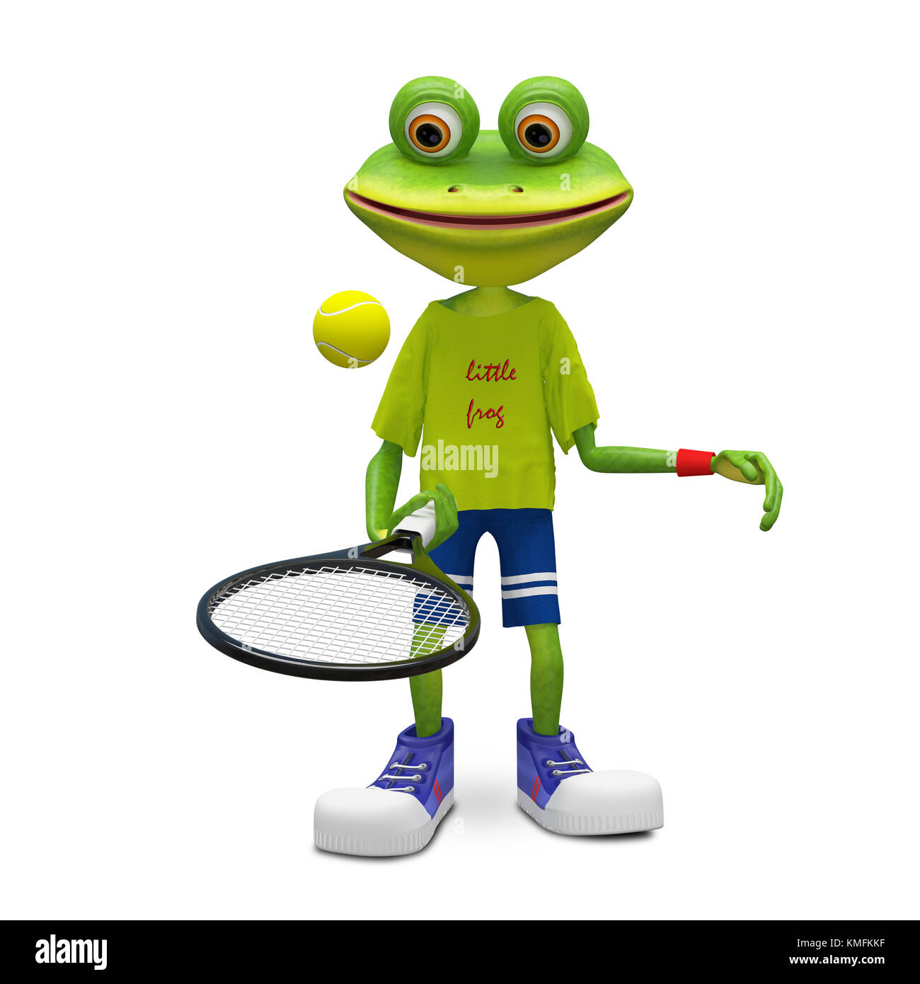 3D-Illustration Frosch mit Tennisschläger auf weißem Hintergrund Stockfoto
