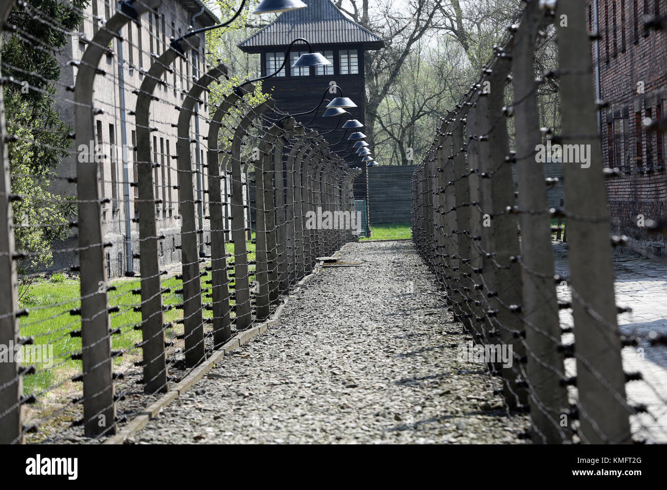 Elektrischen Zaun im ehemaligen NS-Konzentrationslager Auschwitz I, Polen Stockfoto