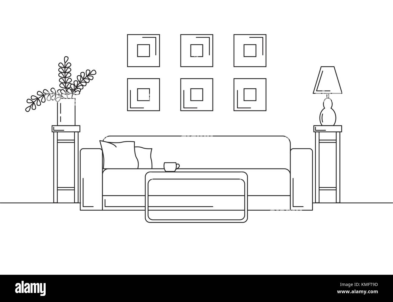 Sofa, Tisch, Vase mit Blumen. Nachtschrank, Schreibtisch Lampe. Lineare Skizze der Einrichtung in modernem Stil. Stock Vektor