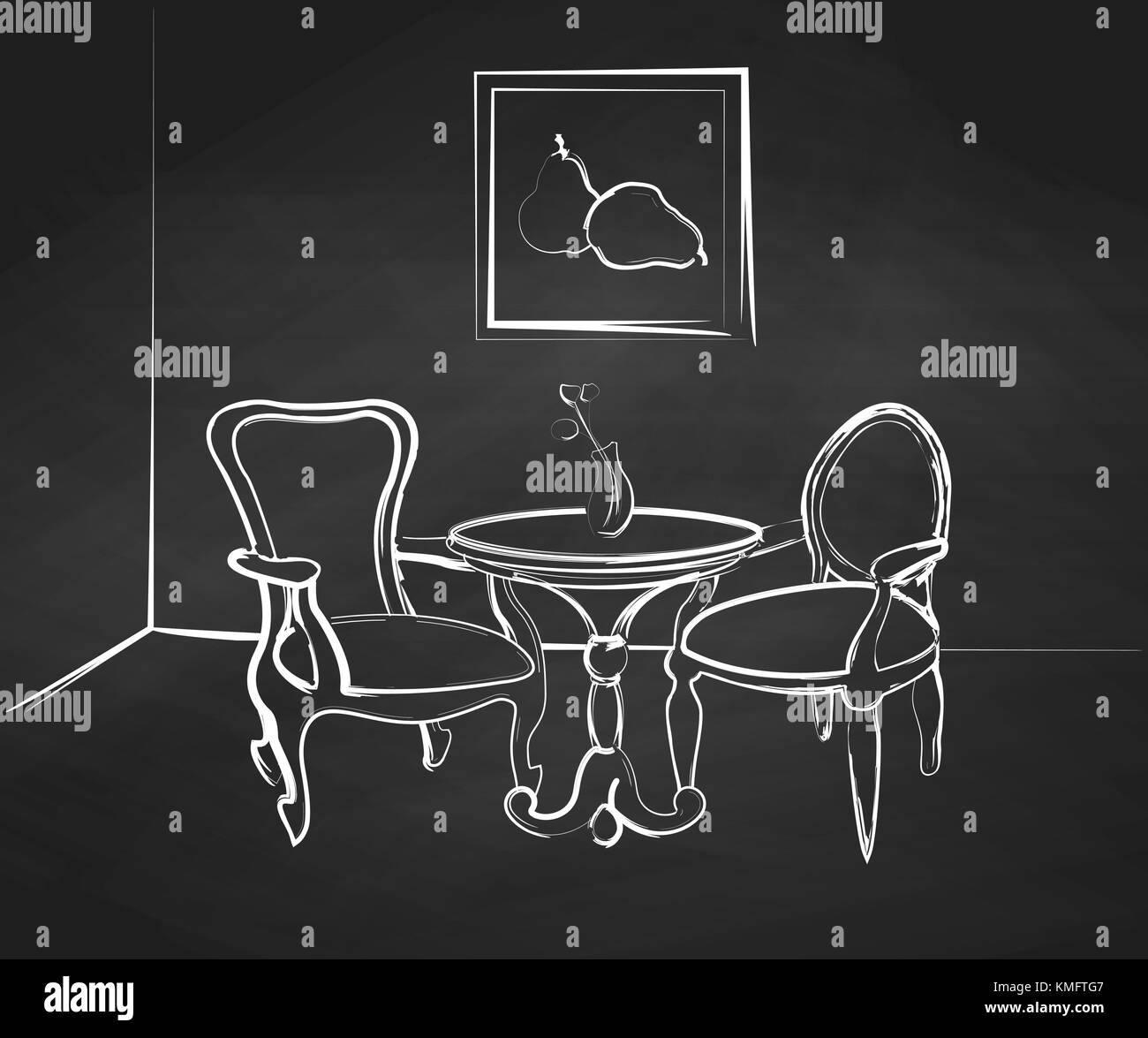 Die Skizze der Zimmer. Ein Tisch und zwei Stühle in der Ecke des Raumes. Stock Vektor