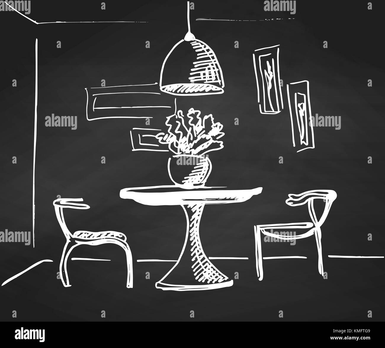 Die Skizze der Zimmer auf dem Schwarzen Brett.. ein Tisch und zwei Stühle in der Ecke des Raumes. Stock Vektor