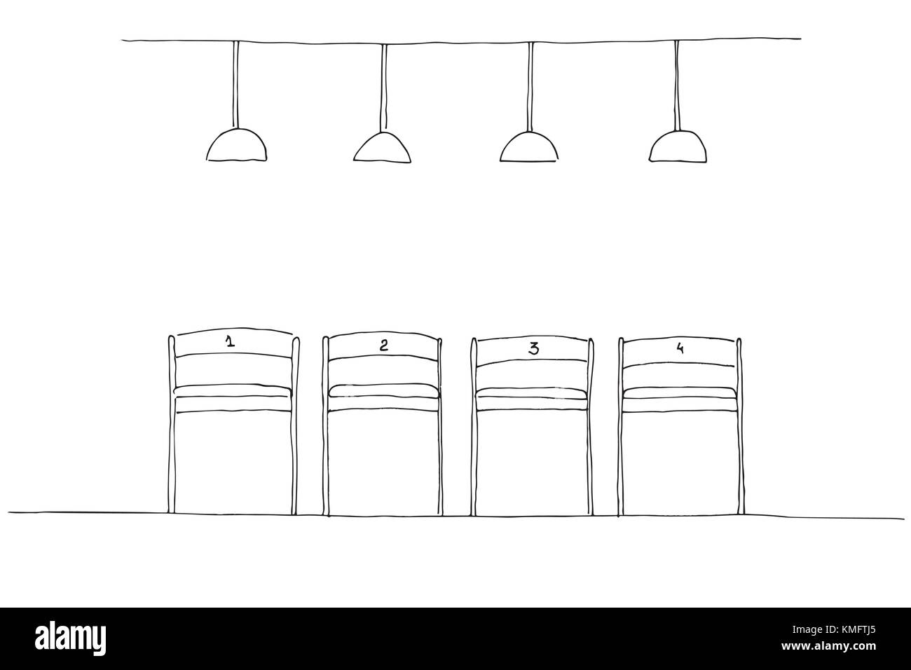 Reihe von Stühlen. Lampe hängen über jedem Stuhl. Hand gezeichnet Vector Illustration. Stock Vektor