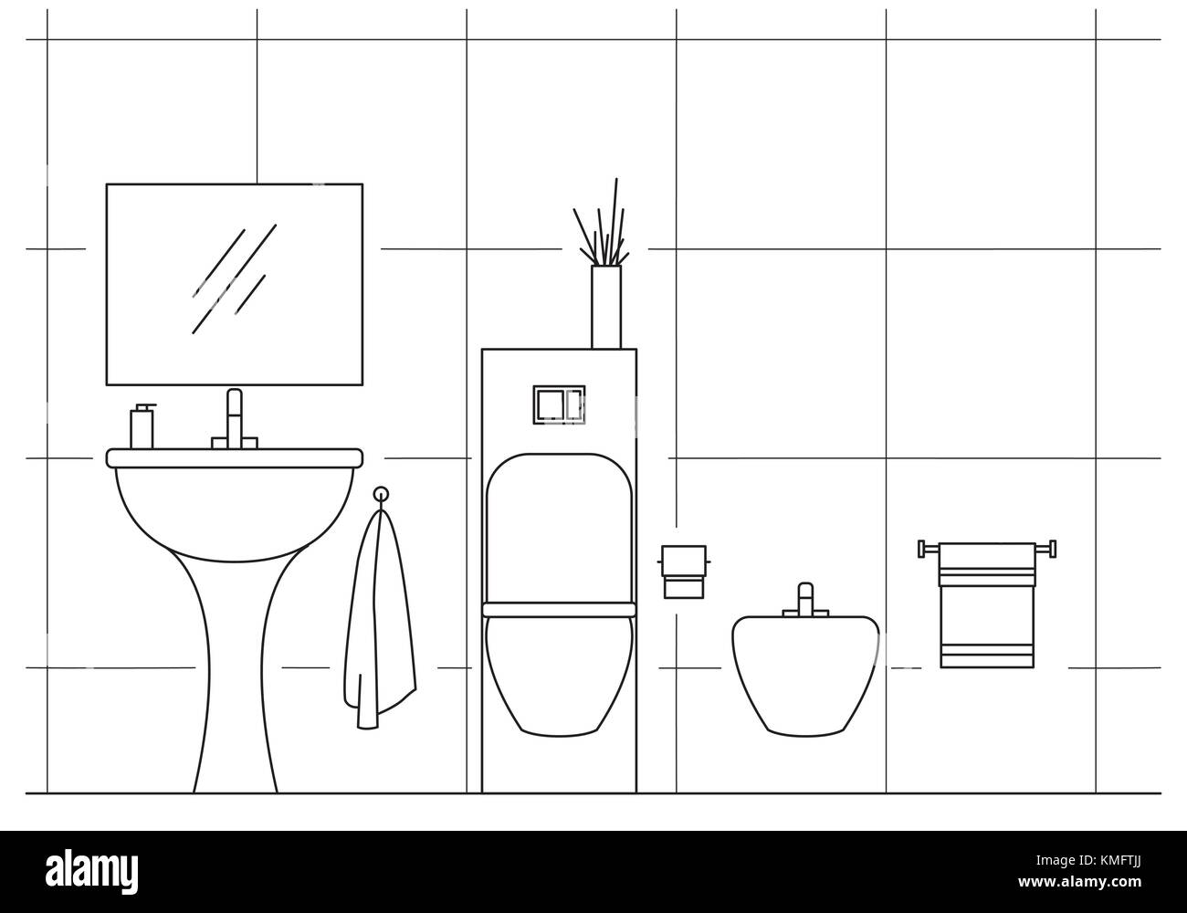 Bad Waschbecken, Wc, Bidet. Vector Illustration in einer linearen Stil. Stock Vektor