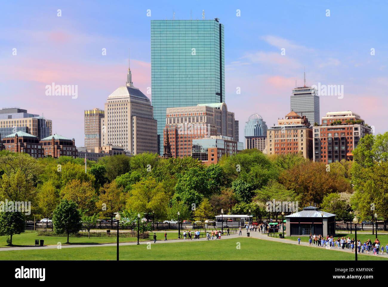 Back Bay skyline von Boston Common Stockfoto
