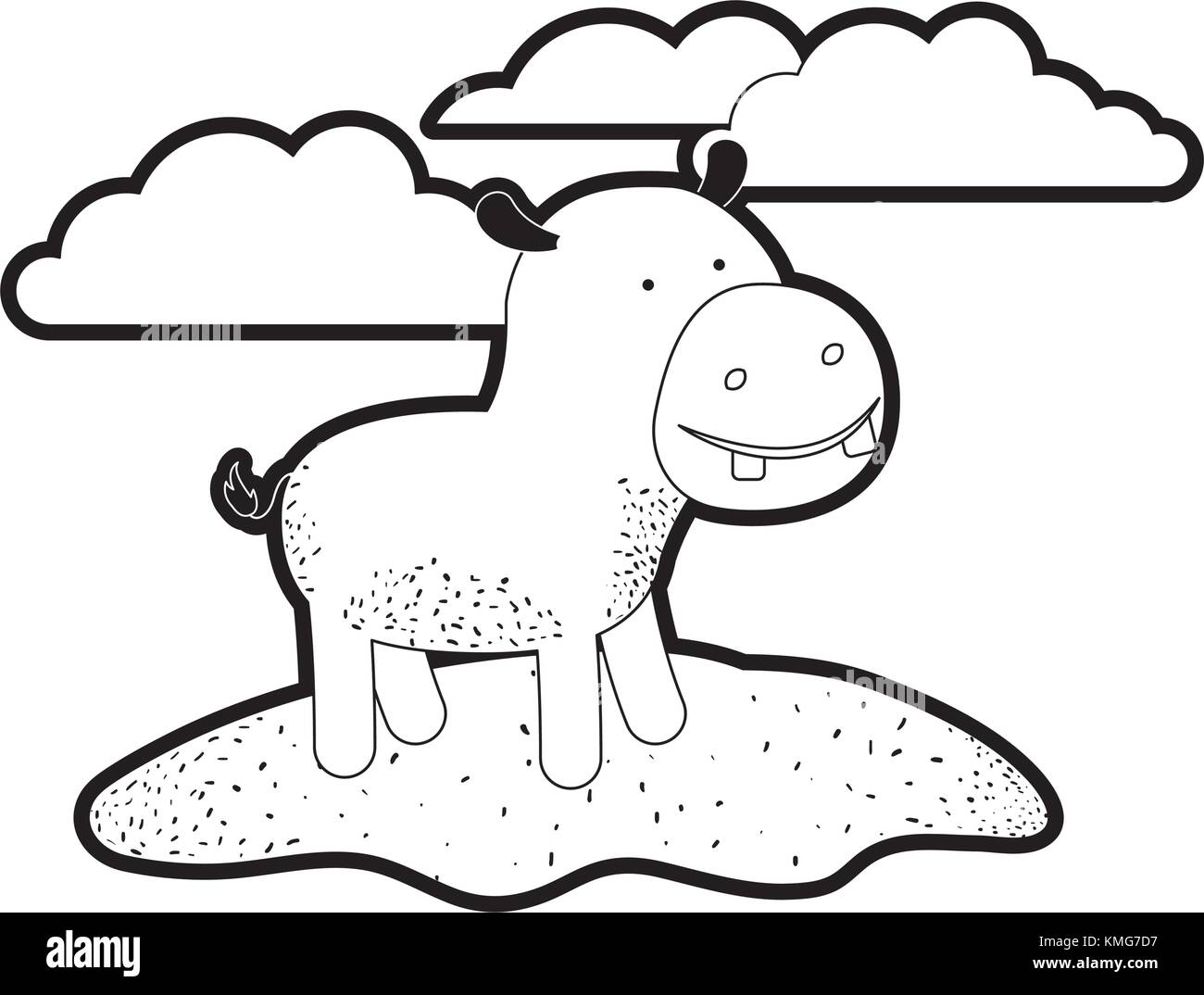 Hippopotamus Cartoon in der freien Szene mit Wolken in schwarze Silhouette mit dicken Kontur Stock Vektor