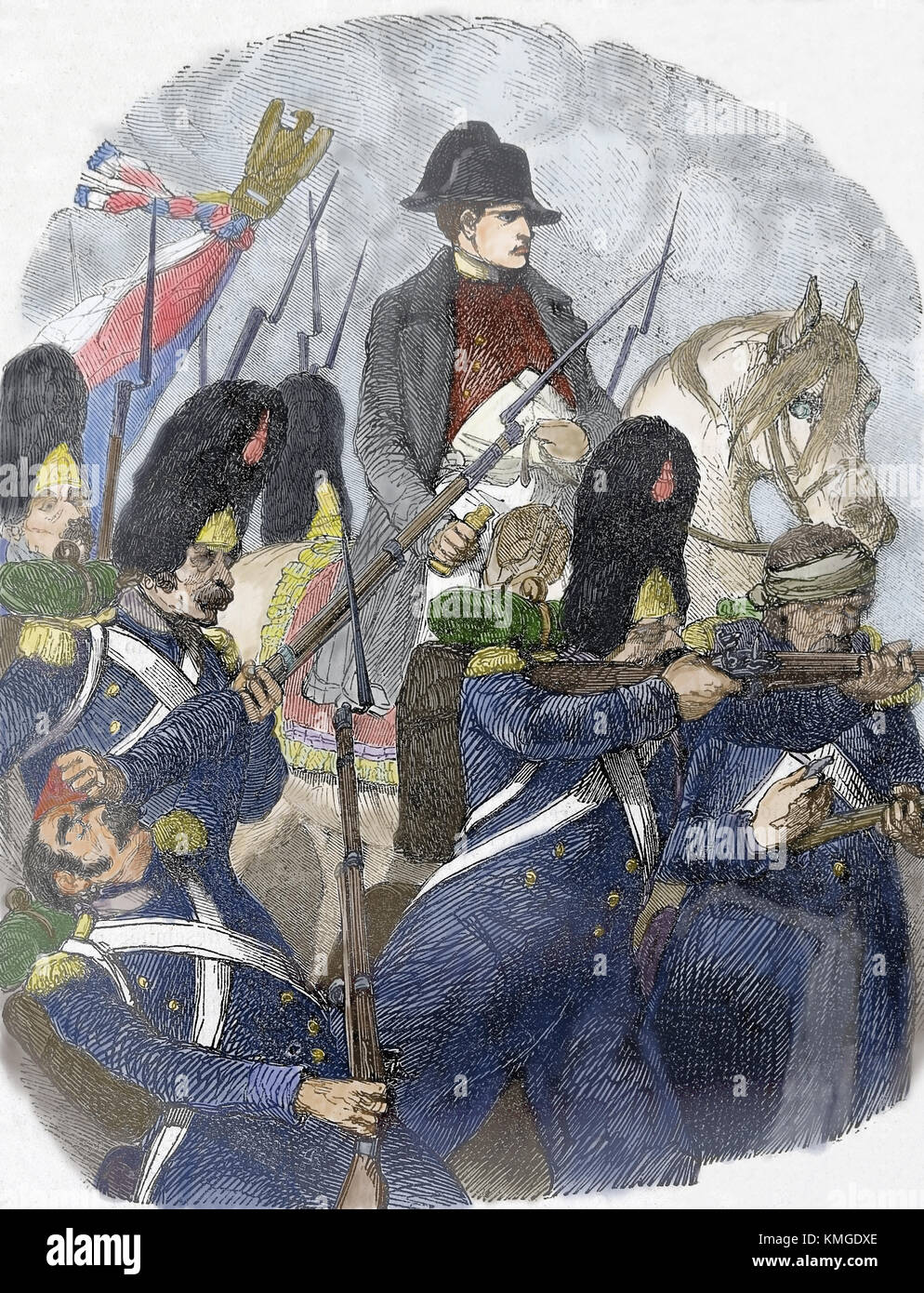 Schlacht von Waterloo (18. Juni 1815). Die kriegführenden Parteien: Französische Kaiserreich und seveth Koalition. Gravieren, 19. Stockfoto