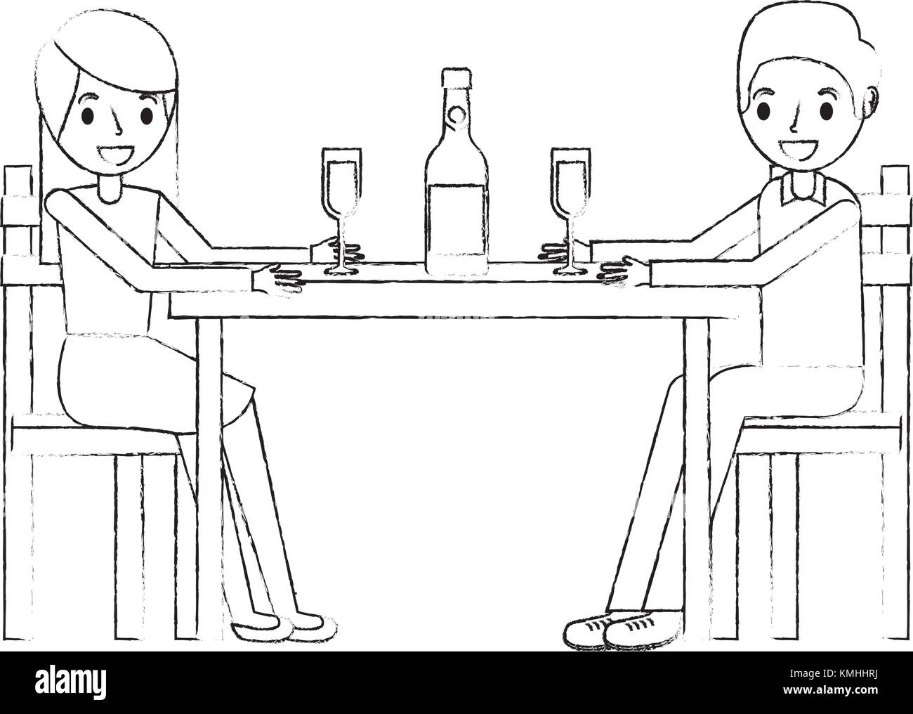 Paar Eltern sitzen mit Flasche Wein Glas Stock Vektor