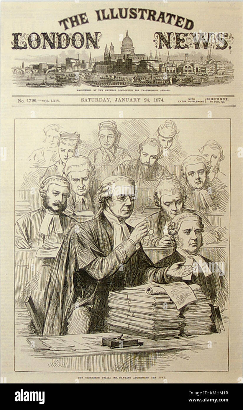 Der Tichborne-Fall war ein berühmter Rechtsfall aus dem 19. Jahrhundert in Großbritannien, der einen Anspruch auf aristokratische Erbschaft hatte. Es war ein entscheidender Moment in der britischen Rechtsgeschichte und in den Medien. Stockfoto