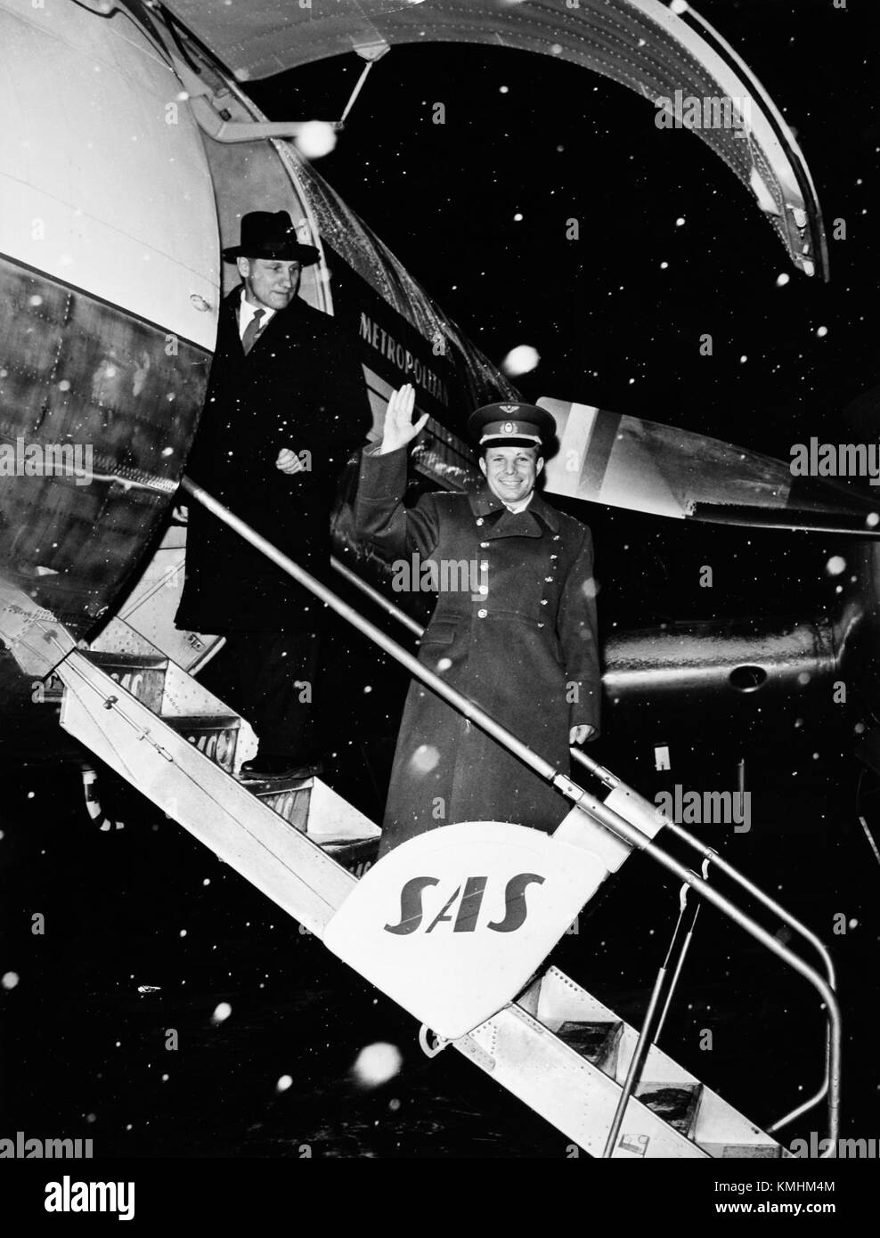Juri Gagarin, der erste Mensch im Weltraum, besuchte Schweden 1964 im Rahmen seiner internationalen Tour. Der Besuch war Teil einer diplomatischen Mission zur Förderung sowjetischer Errungenschaften in der Weltraumforschung. Stockfoto