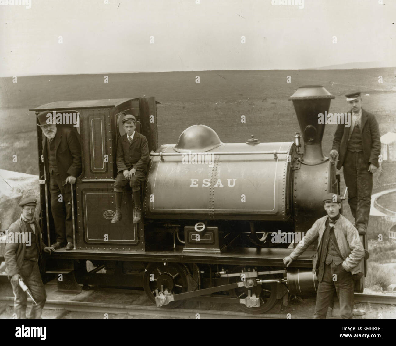 Dampflokomotive 'Esau' auf der Blake Dean Bahn mit Enoch Sturm im Taxi und sein Sohn George auf der Kohle Stockfoto