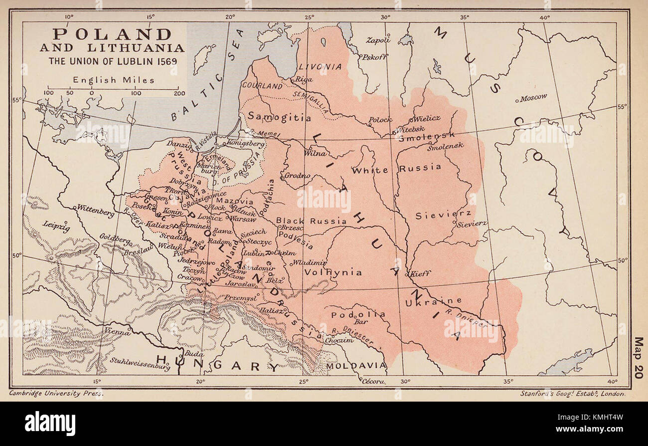 Diese Karte zeigt die politische Landschaft Polens und Litauens nach der Union Lublin im Jahr 1569 und zeigt territoriale Veränderungen und die Bildung des Polnisch-litauischen Commonwealth. Stockfoto