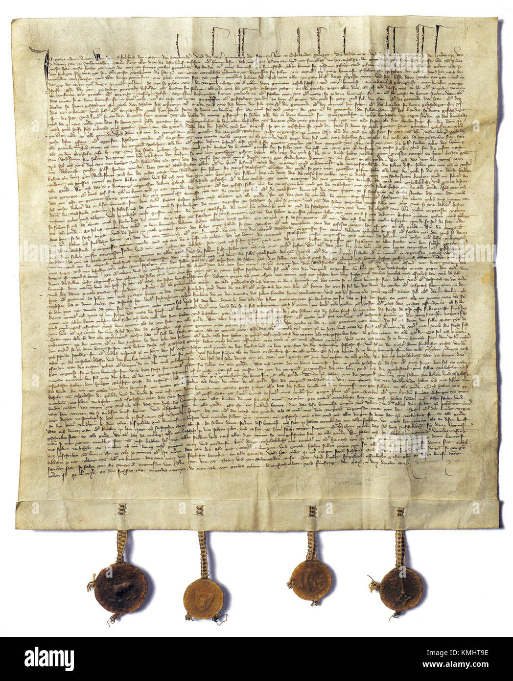 Der Bund von 1353 (Union von 1353) war ein historischer Vertrag zwischen Bern, URI, Schwyz und Unterwalden in der Schweiz, der die Bildung eines politischen Bündnisses markierte. Stockfoto