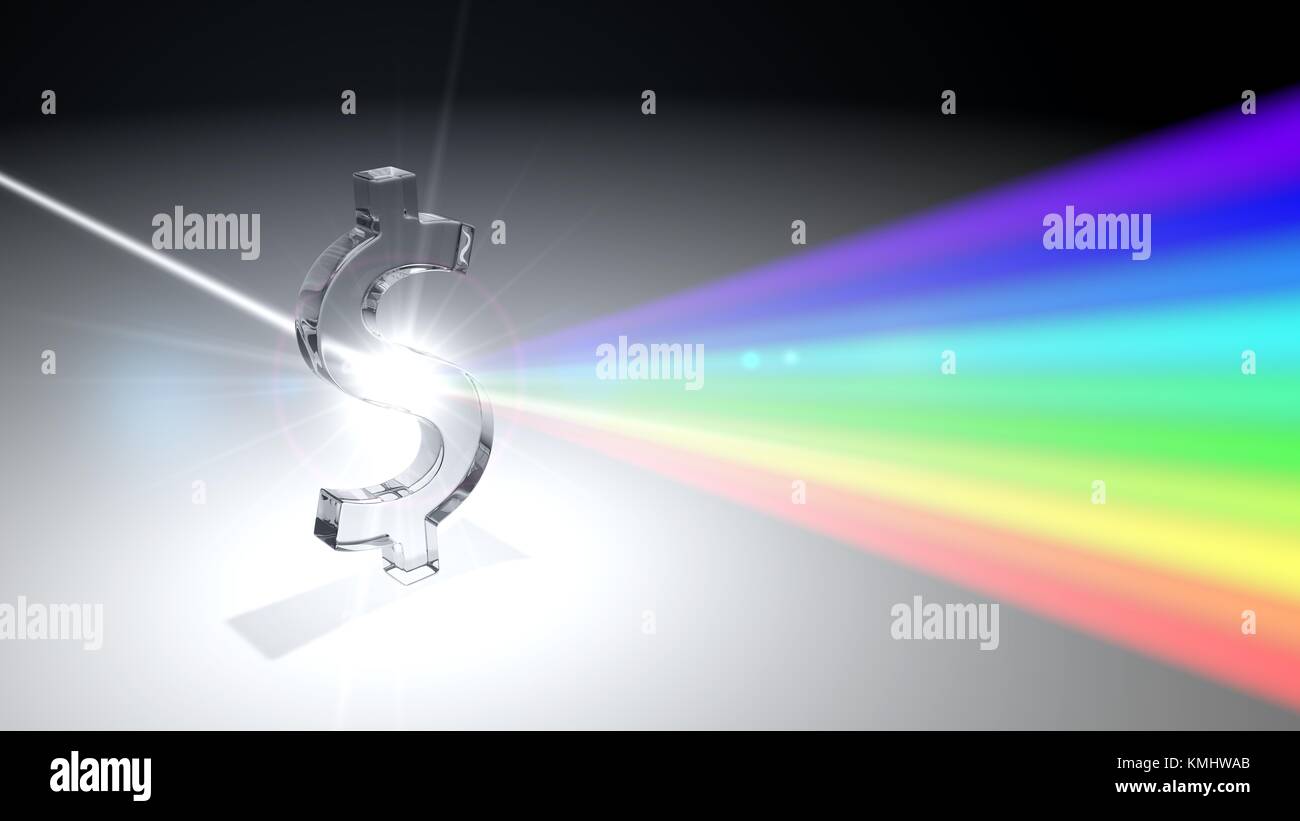 Weißes Licht ray Dispergieren auf andere Farbe Licht strahlen über Dollar geformte Prisma. 3D-Darstellung Stockfoto