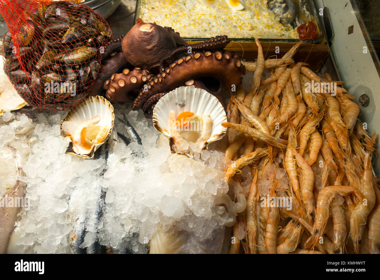 Anzeige der Meeresfrüchte, Muscheln, Garnelen, Muscheln in spanische Tapas Bar, Malaga, Andalusien, Spanien. Stockfoto