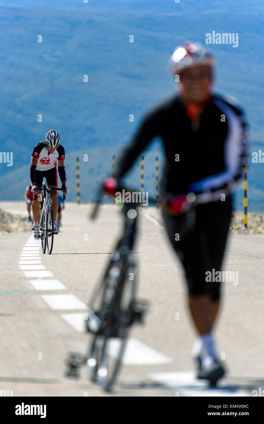 Frankreich. Vaucluse (84). Besteigung des Mont Ventoux. Fahrradtouristen Stockfoto