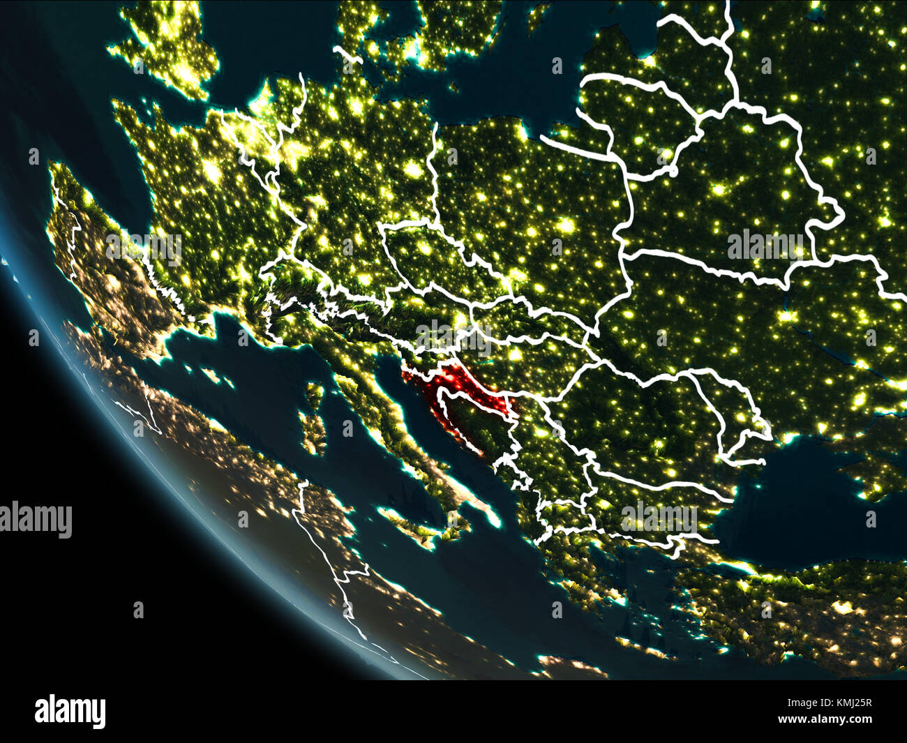 Satellitenansicht von Kroatien in rot markiert auf dem Erde bei Nacht mit Grenzen und