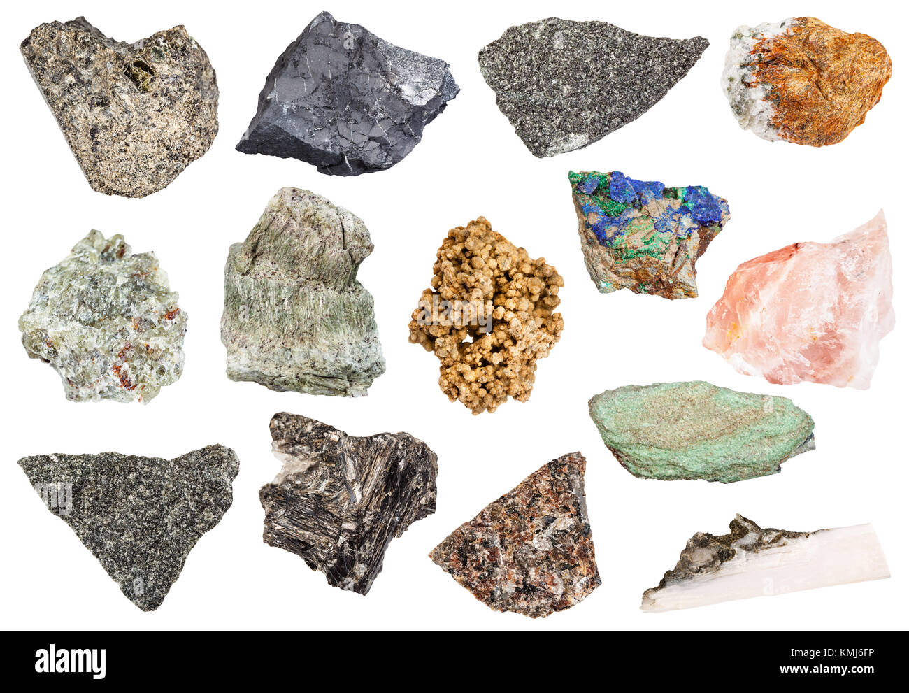 Satz von groben Steinen (normandite, Chalcedon, Azurit, Malachit, dunite, Quarz, xonotlite, gedrite, shungite urtite, Schiefer, richterite, peridotite, o Stockfoto