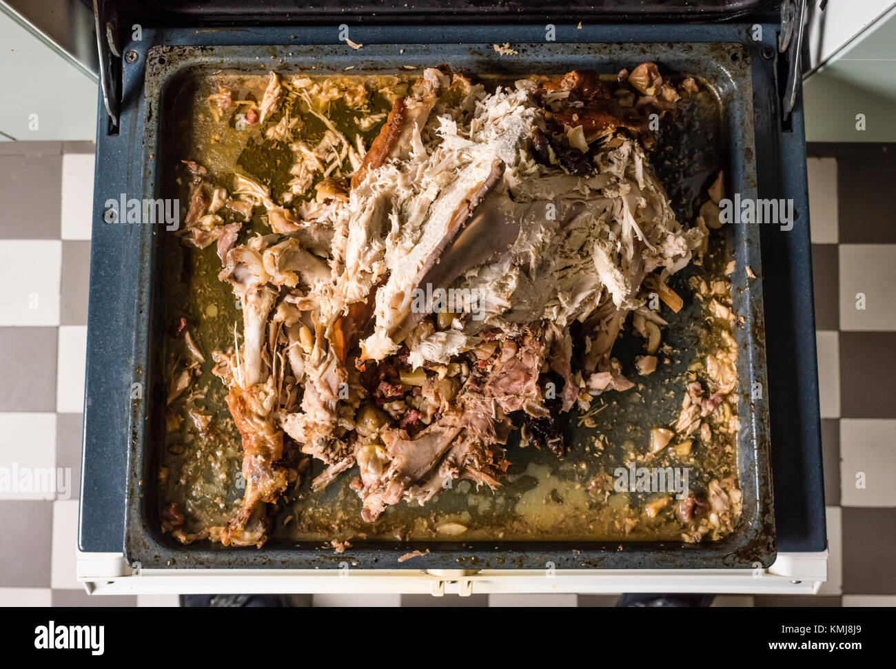 Übrig gebliebene Schlachtkörper und die Knochen von einem Thanksgiving Truthahn auf einem Ofen Fach. Stockfoto