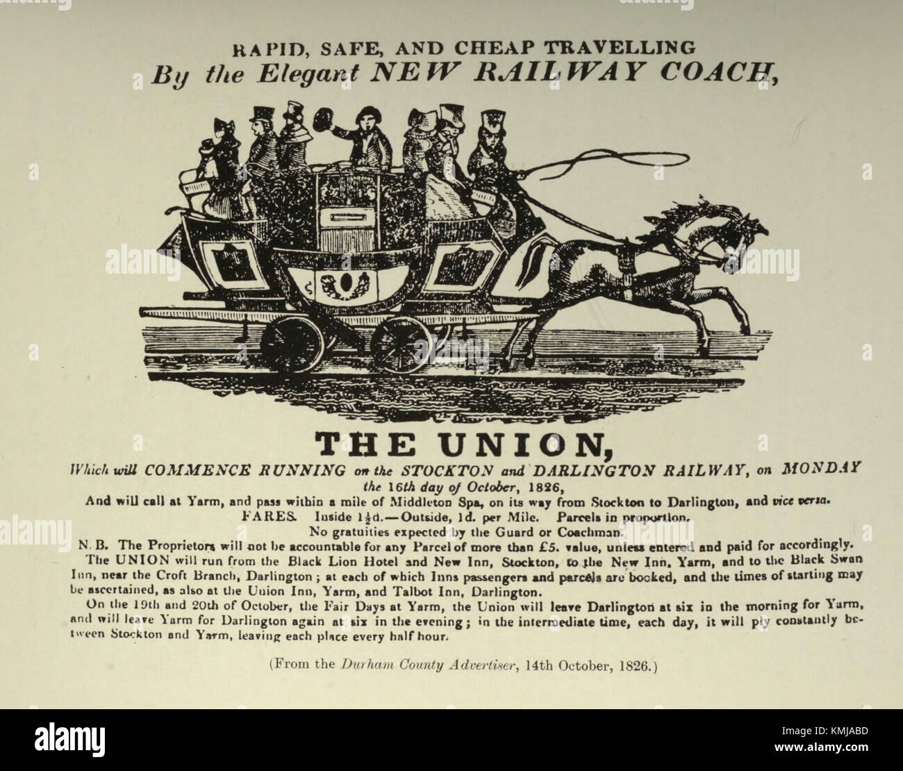 Der S&DR-Bus und die Werbung beziehen sich auf einen historischen Bus, der von der South Durham Railway (S&DR) verwendet wird, begleitet von Werbematerial. Dieser Artikel bietet einen Einblick in den britischen Eisenbahnbetrieb des 19. Jahrhunderts. Stockfoto