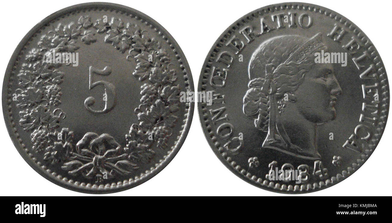 Die französische 5-Centimes-Münze aus dem Jahr 1934 zeigt ein Design des Künstlers Pierre Lindauer, das die Phrygianische Mütze, ein Symbol der Freiheit, darstellt. Hergestellt aus Cupronickel, hat er einen Durchmesser von 17 mm und wiegt 2 Gramm. In diesem Jahr wurden insgesamt 27.143.993 Münzen geprägt. Stockfoto