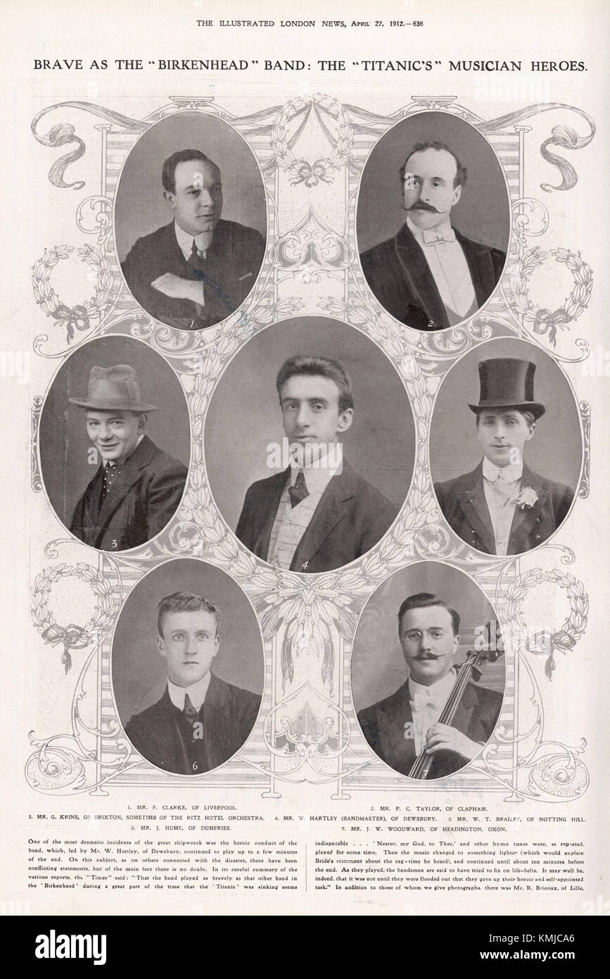 Das Titanic Orchestra war eine Gruppe von Musikern an Bord der RMS Titanic. Das Orchester trat während der Reise für die Passagiere auf und bot Unterhaltung bis zum Untergang des Schiffes. Die Musiker sind für ihre Tapferkeit bekannt und spielten weiter, als das Schiff unterging. Stockfoto
