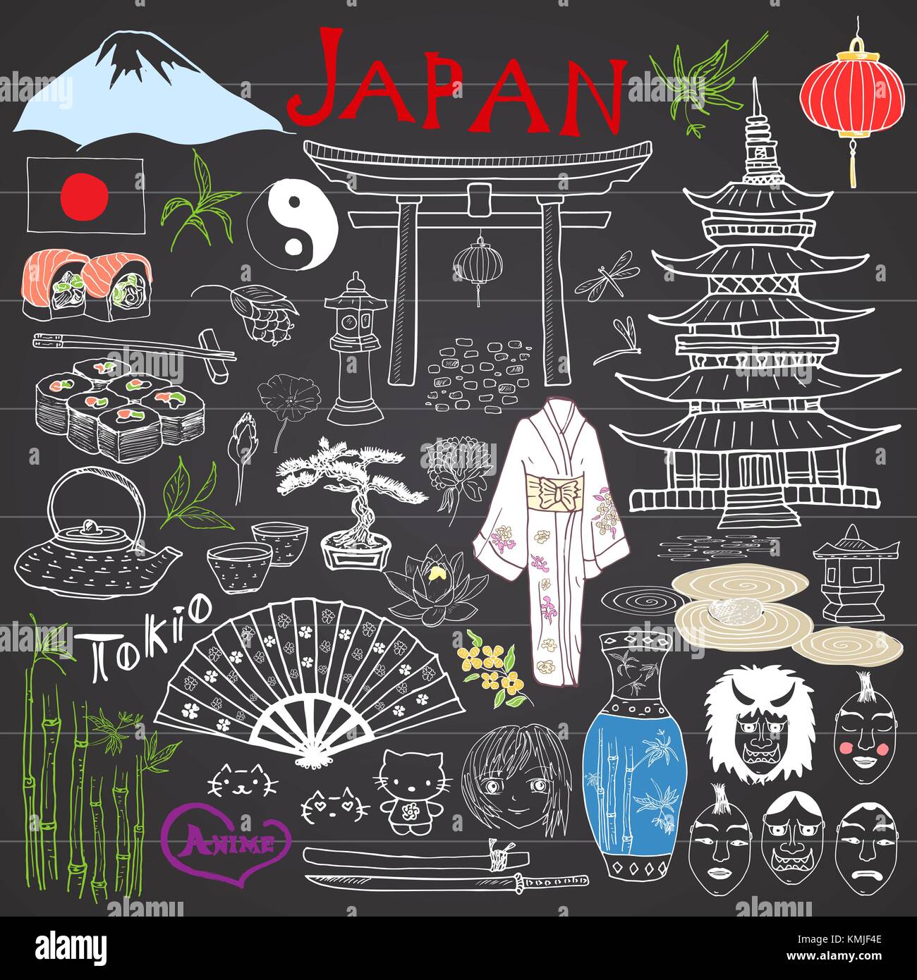 Japan Elemente doodles. Hand gezeichnete Skizze mit fujiyama Berg, shinto Tor gesetzt, japanische Küche Sushi und Kaffee Set, Ventilator, Theater, Masken, Katana, Pagode Stock Vektor