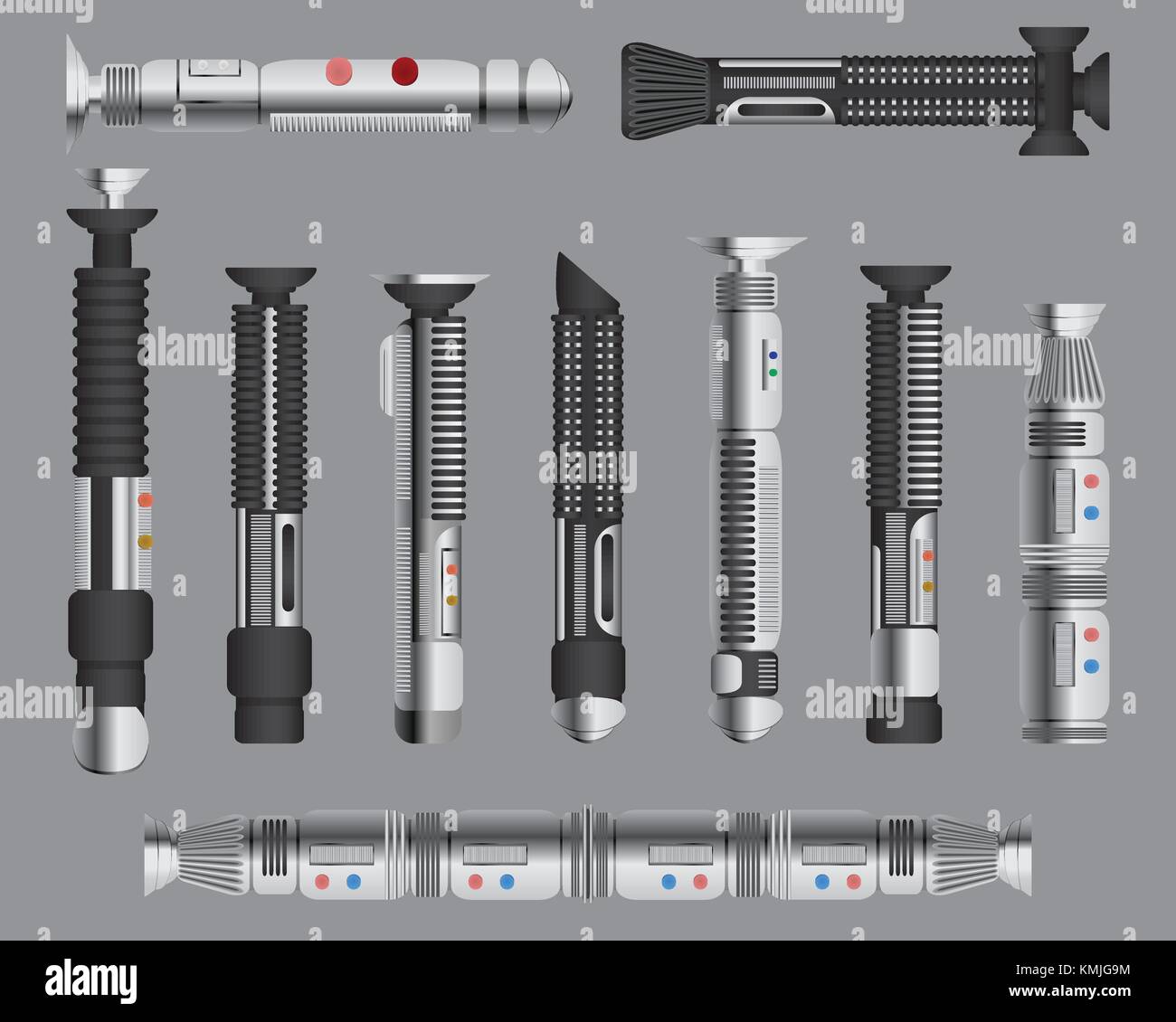 Licht Schwerter Griffe eingestellt. futuristische Nahkampf sci fi Waffe, kosmische glänzend Neon kämpfen Instrumente, isolierte Vector Illustration. Stock Vektor