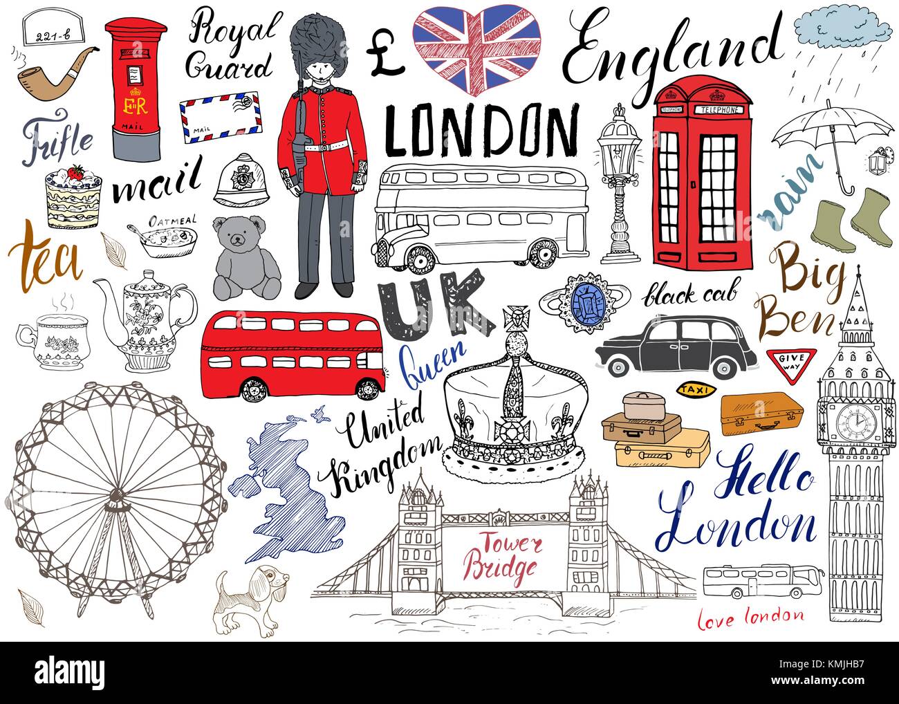 London City doodles Elemente Sammlung. Hand gezeichnet mit, die Tower Bridge, Krone, Big Ben, Royal Guard, roter Bus und Taxi, Großbritannien Karte und Flagge, Kaffee p Stock Vektor
