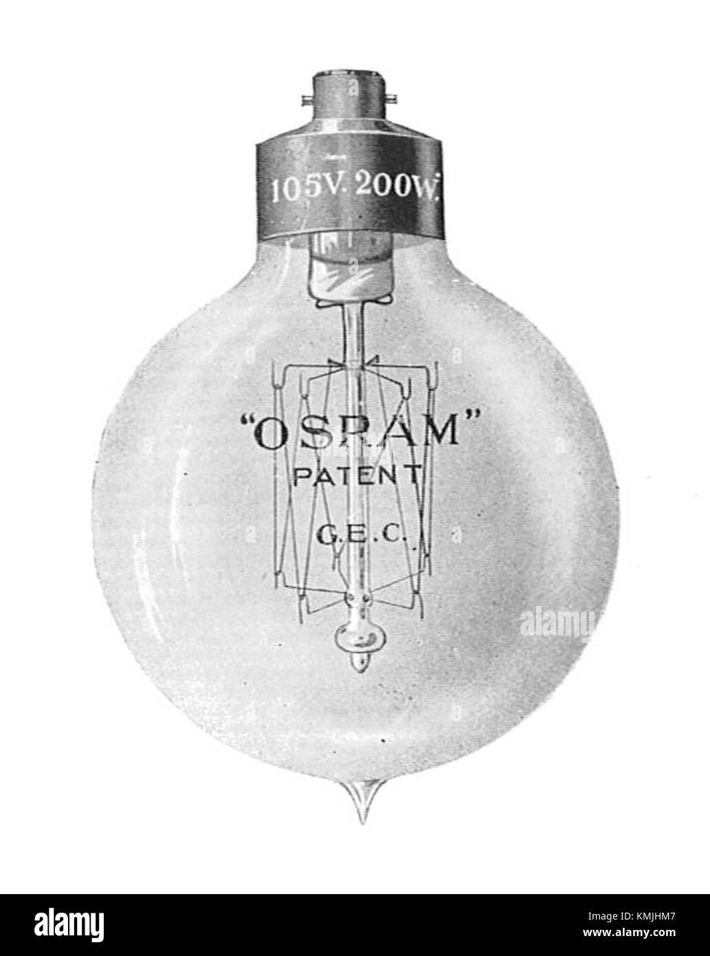 Eine Osram-Lampe aus dem Jahr 1910 mit hoher Kerzenleistung, die den Fortschritt in der elektrischen Beleuchtungstechnik während des frühen 20. Jahrhunderts zeigt. Stockfoto
