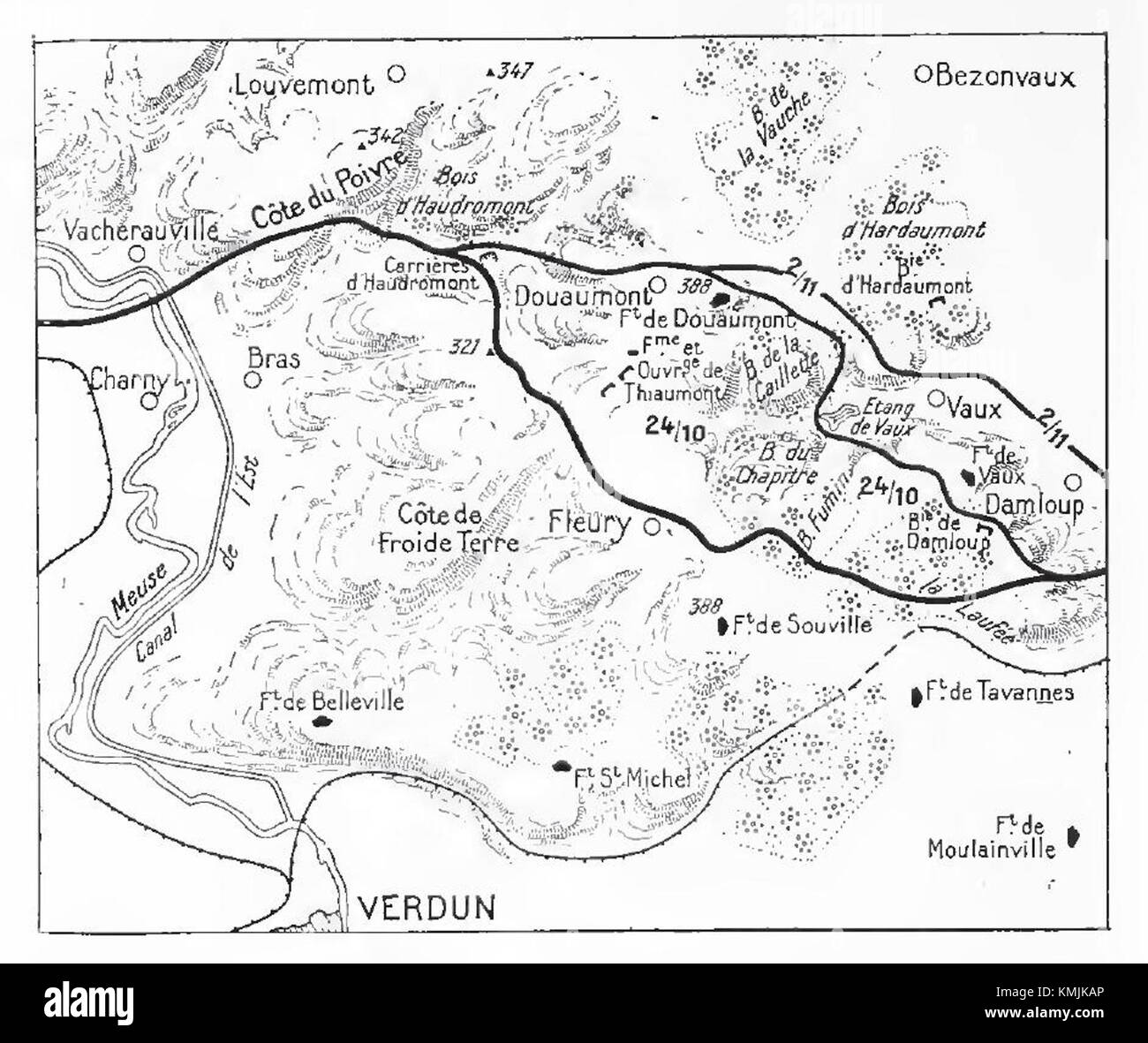 Die französische Gegenoffensive vom 24. Oktober 1916 während des Ersten Weltkriegs zielte darauf ab, die deutschen Truppen zurückzudrängen und strategische militärische Bewegungen an der Westfront hervorzuheben. Stockfoto