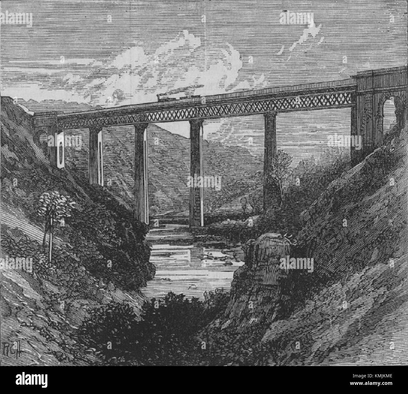 Eine historische Illustration aus dem Jahr 1875 des Tees Railway Viaduct, einem bedeutenden Bauwerk in Großbritannien, zeigt seine architektonischen und technischen Leistungen im späten 19. Jahrhundert. Stockfoto