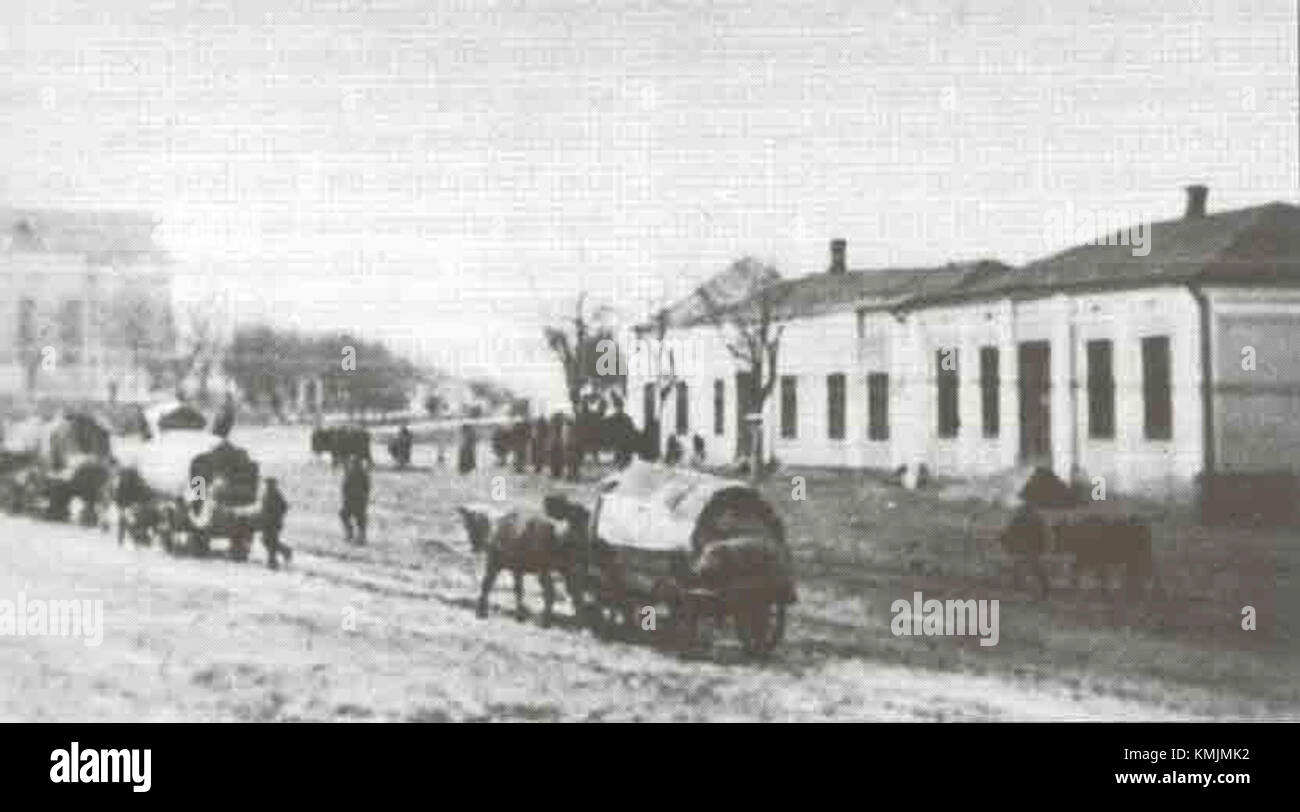 Ein historischer Bezug auf die Ereignisse rund um die Evakuierung von Selz, möglicherweise während eines Konflikts oder Krieges, bei denen Personen aus Sicherheitsgründen umgesiedelt wurden. Stockfoto