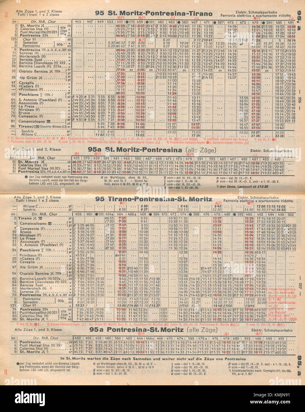 Die Strecke St. Moritz-Tirano bezieht sich auf einen Abschnitt der berühmten Berninabahn in der Schweiz. Die Nummern 63-64 236-237 95–95a beziehen sich wahrscheinlich auf bestimmte Zugwagen oder Strecken, die malerische Ausblicke zwischen St. Moritz und Tirano bieten. Stockfoto