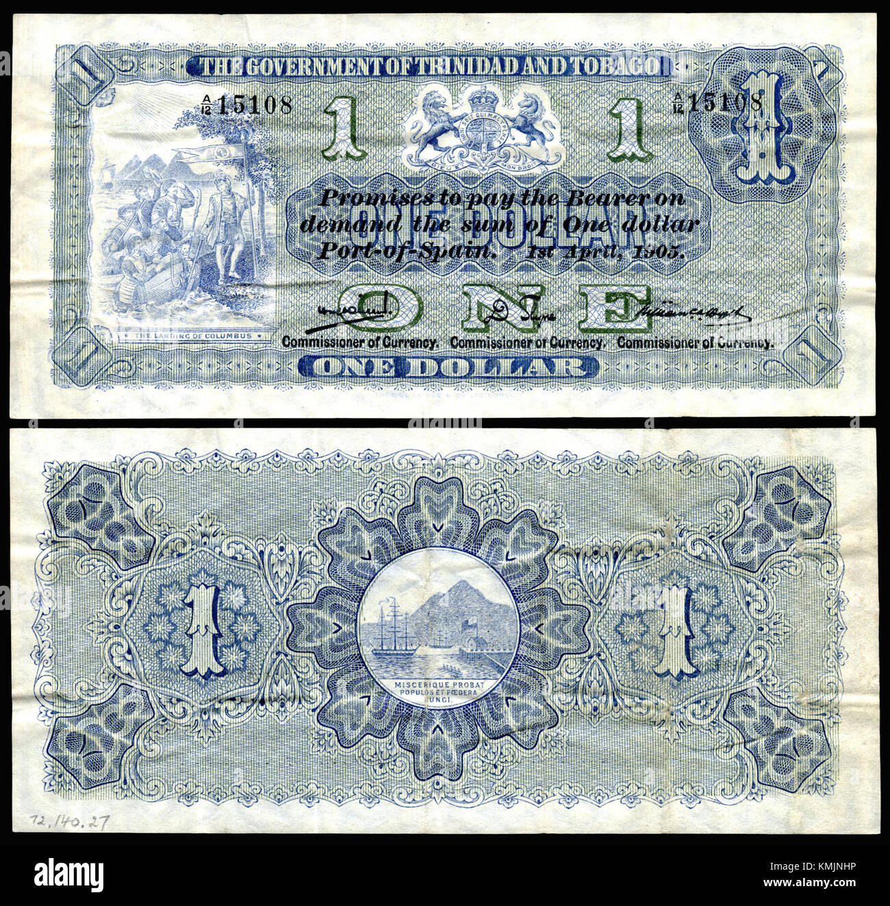 Die TRI&TOB-1b-Trinidad & Tobago-1 Dollar (1905) ist eine seltene historische Münze aus Trinidad und Tobago, die 1905 geprägt wurde. Diese Münze ist wertvoll für Numismatiker und Sammler und dient als wichtiges Stück der Geldgeschichte der Insel. Stockfoto