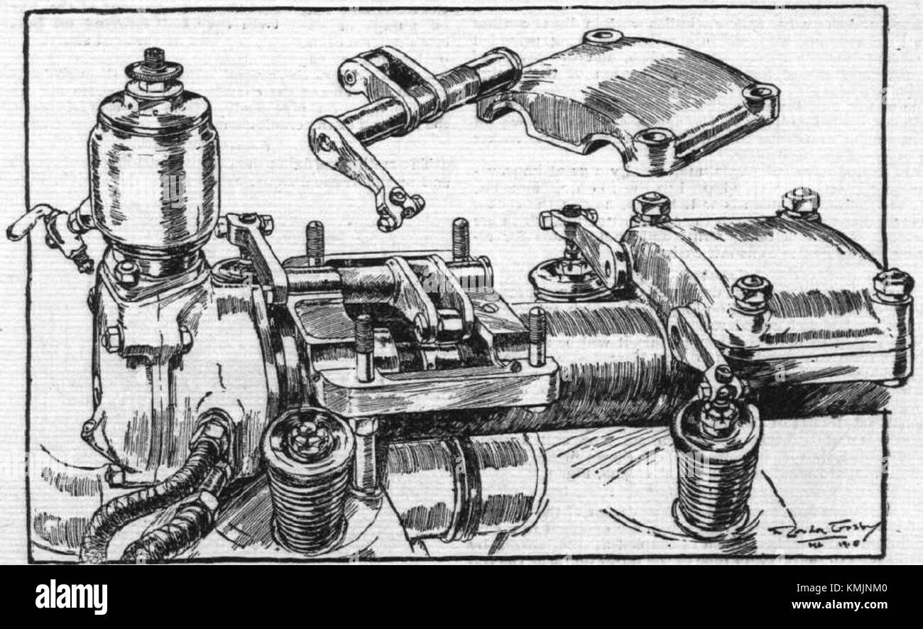 Der Mercedes D III war ein Flugzeugmotor, der im Ersten Weltkrieg eingesetzt wurde. Dieses Bild zeigt das Ventilsystem des Motors, ein entscheidender Bestandteil seiner Funktionalität, und trägt zu seiner Zuverlässigkeit und Leistung im Kampf bei. Stockfoto