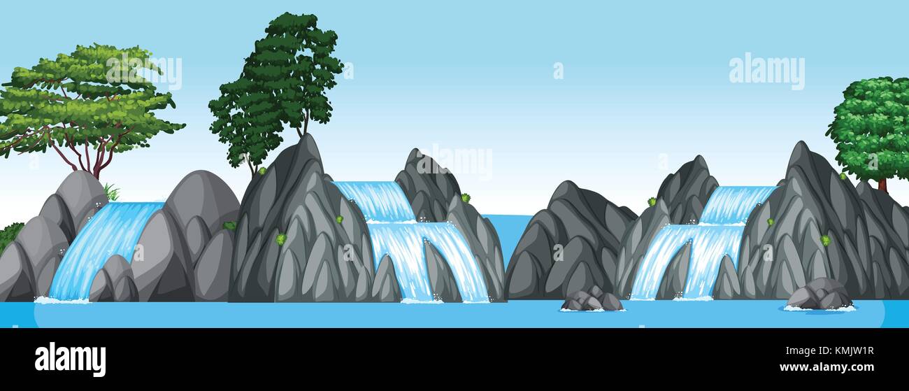 Drei kleine Wasserfälle und großen See Abbildung Stock Vektor