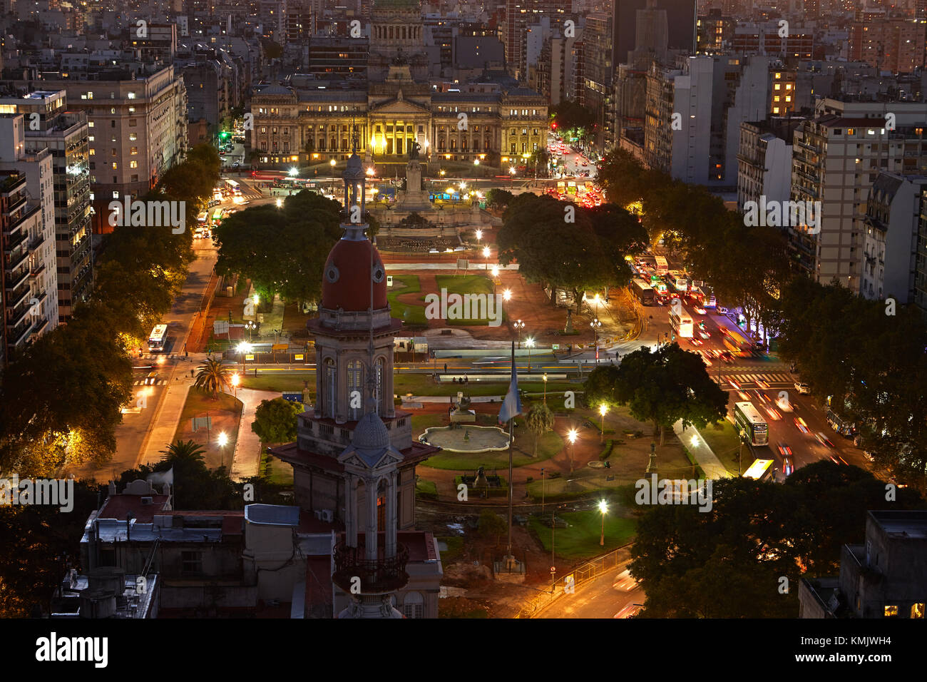 Sonnenuntergang über Plaza del Congreso und Palacio del Congreso, vom Palacio Barolo, Buenos Aires, Argentinien, Südamerika Stockfoto