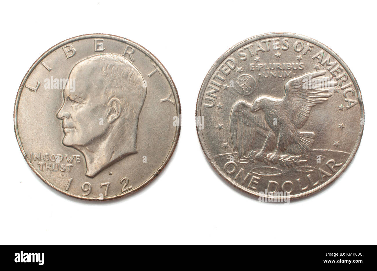 Eisenhower ein Dollar (1972) silberne Münze auf weißem Hintergrund Stockfoto