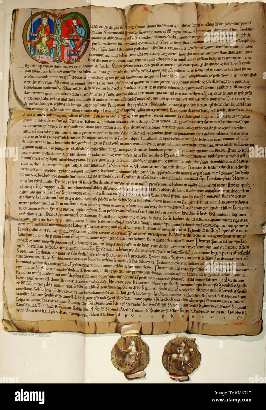 Malcolm IV., König von Schottland, erließ 1159 eine Urkunde an Kelso Abbey, in der die Privilegien und Grundbesitz der Abtei bestätigt wurden. Dieses Dokument ist ein wichtiges historisches Artefakt, das mit der mittelalterlichen schottischen Monarchie und kirchlichen Macht in Verbindung steht. Stockfoto