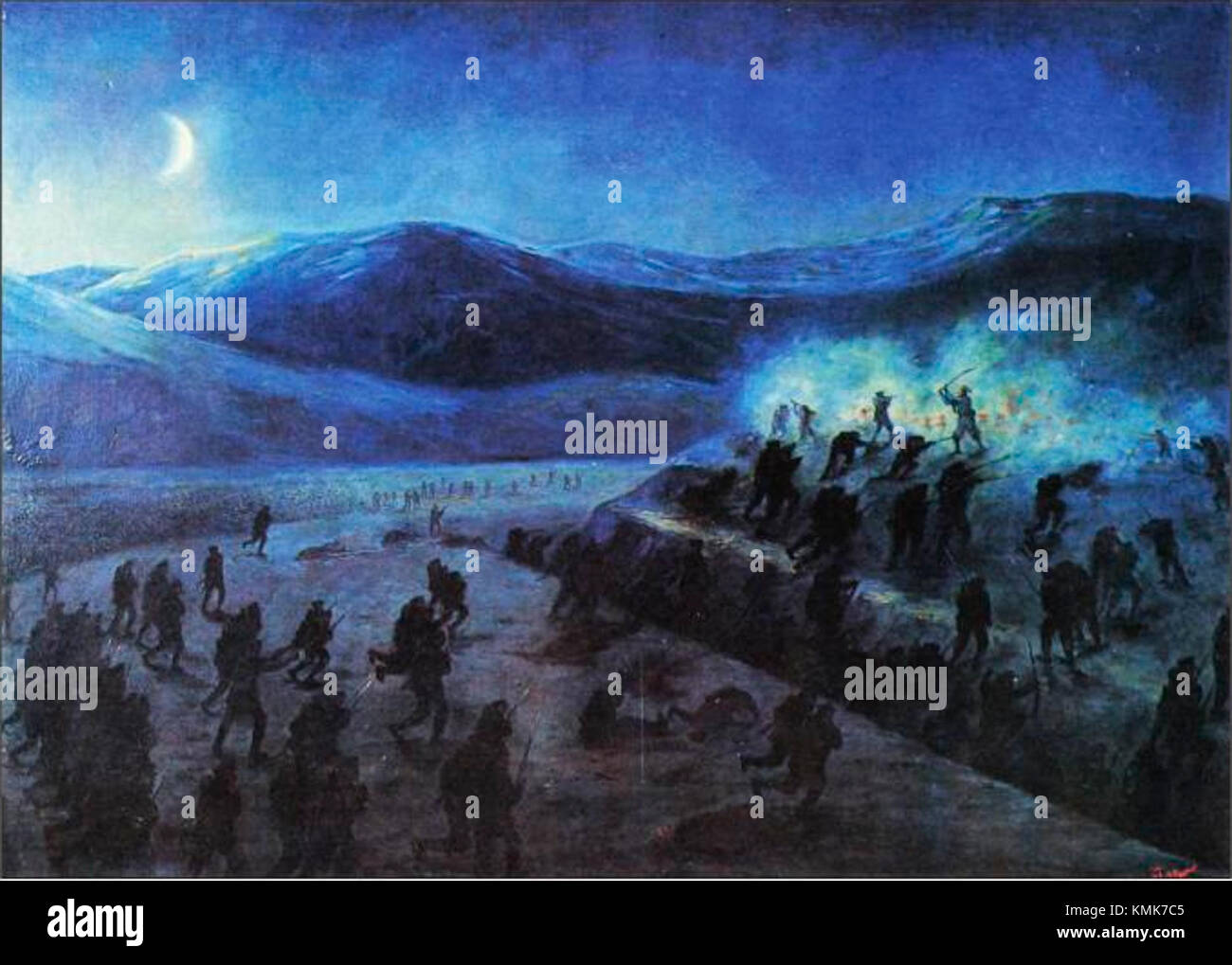 Der nächtliche Angriff auf Plevna war ein bedeutender militärischer Angriff während des Russisch-Türkischen Krieges von 1877. Die Schlacht fand nachts statt und war ein wichtiger Teil der Belagerung von Plevna, einer großen osmanischen Festung. Russische Truppen unter der Führung von General Michail Skobelew starteten einen überraschenden nächtlichen Angriff, der eine entscheidende Rolle beim Durchbrechen der osmanischen Verteidigung spielte und schließlich zum russischen Sieg in der Schlacht führte. Stockfoto