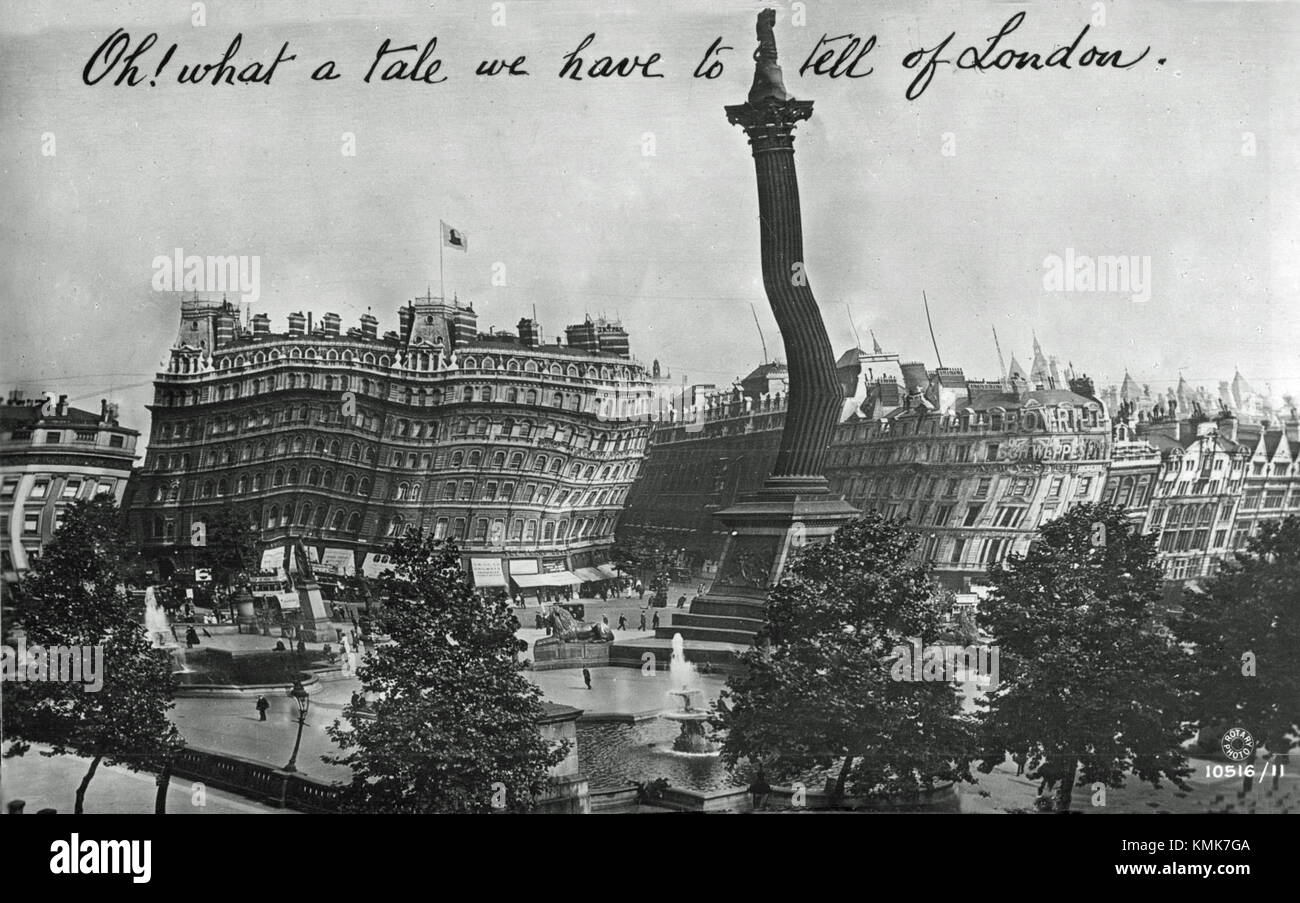 Der Trafalgar Square in London ist ein wichtiger öffentlicher Ort und eine Touristenattraktion, bekannt für seine berühmte Nelson's Column, Springbrunnen und Statuen, die britische Geschichte und Kultur repräsentieren. Stockfoto