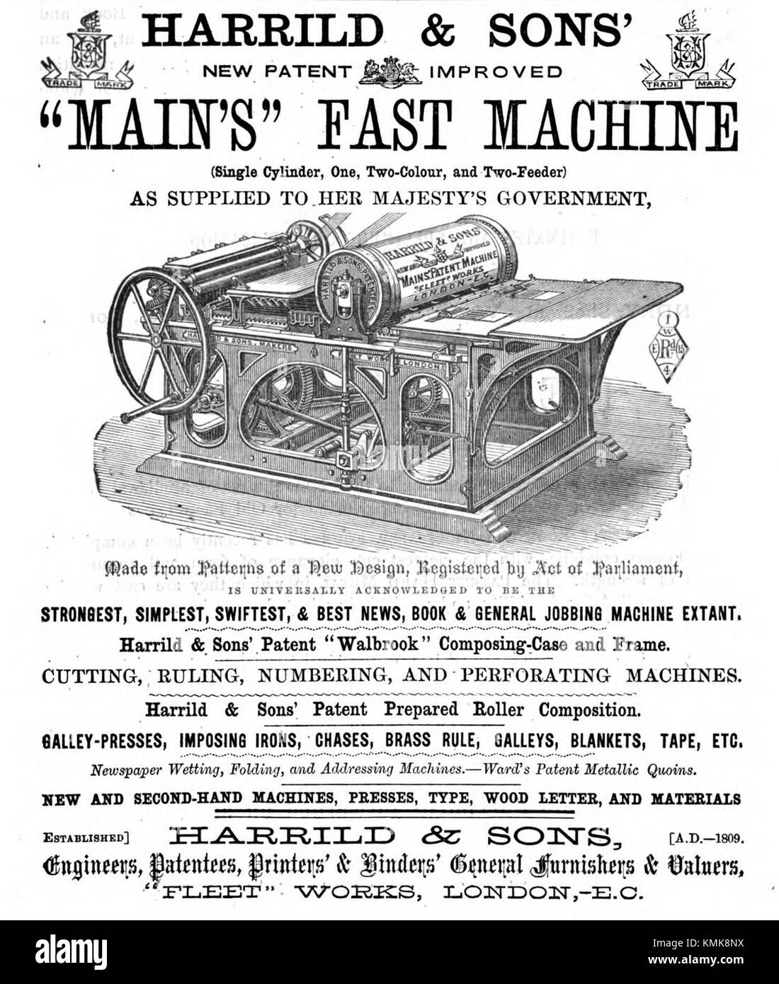 Harrild & Sons war eine bekannte englische Druckerei aus dem 19. Jahrhundert. In dieser Werbung aus dem Jahr 1867 werden ihre Arbeit im Druck- und Verlagswesen hervorgehoben und ihre Dienstleistungen sowie die Auswirkungen des Unternehmens auf die Druckindustrie während des Zeitraums vorgestellt. Stockfoto