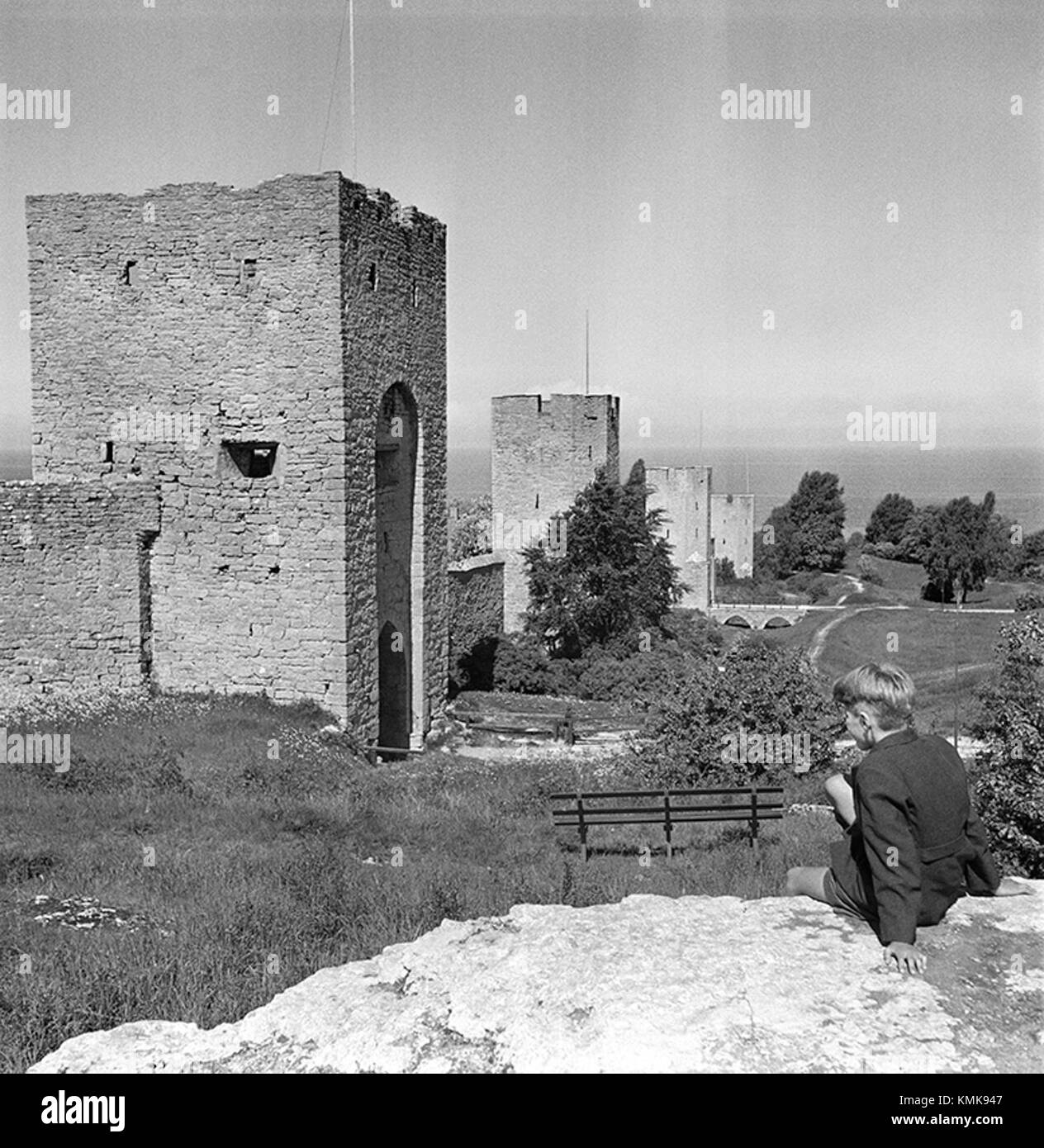 Die Ringmauer von Visby, eine mittelalterliche Festung rund um die Stadt Visby auf Gotland, Schweden, ist ein prominentes historisches Wahrzeichen. Die Mauer ist eine der am besten erhaltenen mittelalterlichen Stadtmauern in Skandinavien und zeigt historische Architektur und Verteidigungsmechanismen. Stockfoto
