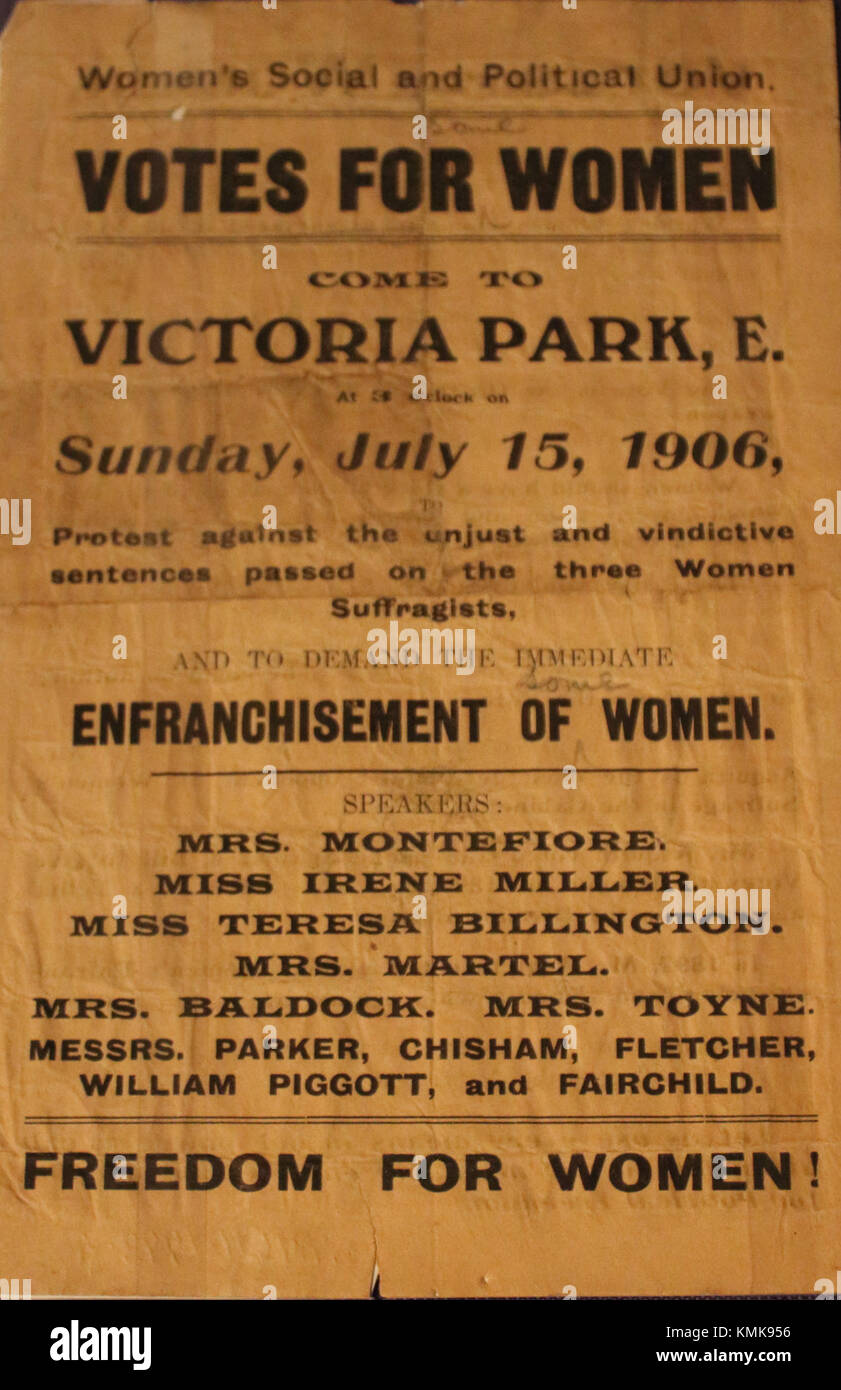 Ein Foto von 1906 von einem Treffen in Victoria Park, London, organisiert von der Women's Social and Political Union (WSPU), einem wichtigen Ereignis in der Suffragette-Bewegung. Stockfoto