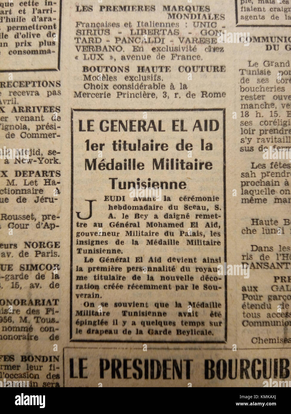 La Presse de Tunisie hat 1956 bedeutende Momente der Unabhängigkeitsbewegung Tunisiaâ und der frühen Jahre der Unabhängigkeit festgehalten. Sie dokumentiert den politischen Wandel Tunisiaâ und die Rolle der Presse bei der Gestaltung der modernen tunesischen Gesellschaft. Stockfoto