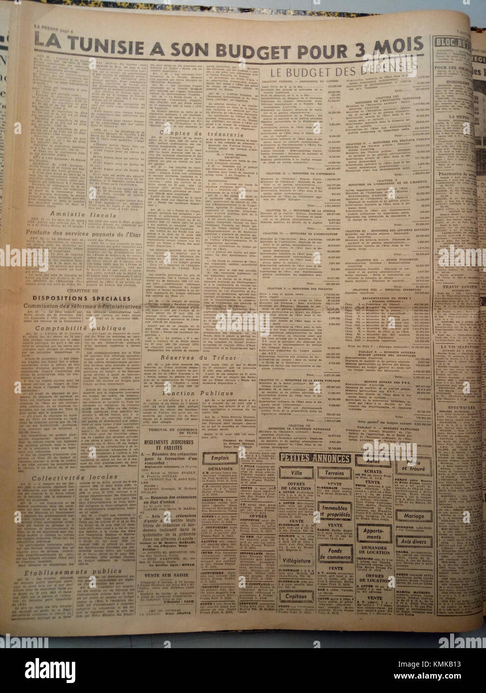 La Presse Tunisia 1956 ist eine historische Publikation aus Tunesien, die sich mit politischen und sozialen Ereignissen im Jahr 1956 befasst, einem bedeutenden Jahr in der tunesischen Geschichte während der Unabhängigkeitsbewegung. Stockfoto