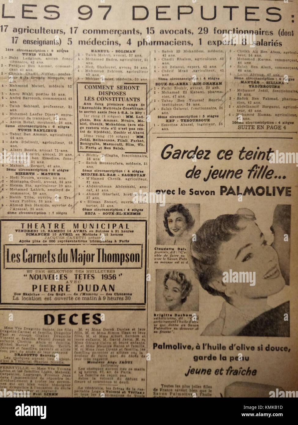 Eine Ausgabe von La Presse aus dem Jahr 1956, eine wichtige Tageszeitung in Tunesien während der Zeit nach der Unabhängigkeit, die Einblicke in die sozialen und politischen Veränderungen im Land bietet. Stockfoto
